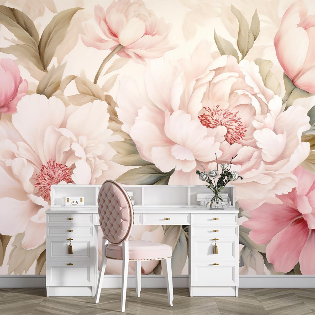 Home Bathroom Vanity - ورق جدران أنيق بتصميم زهور الفاوانيا